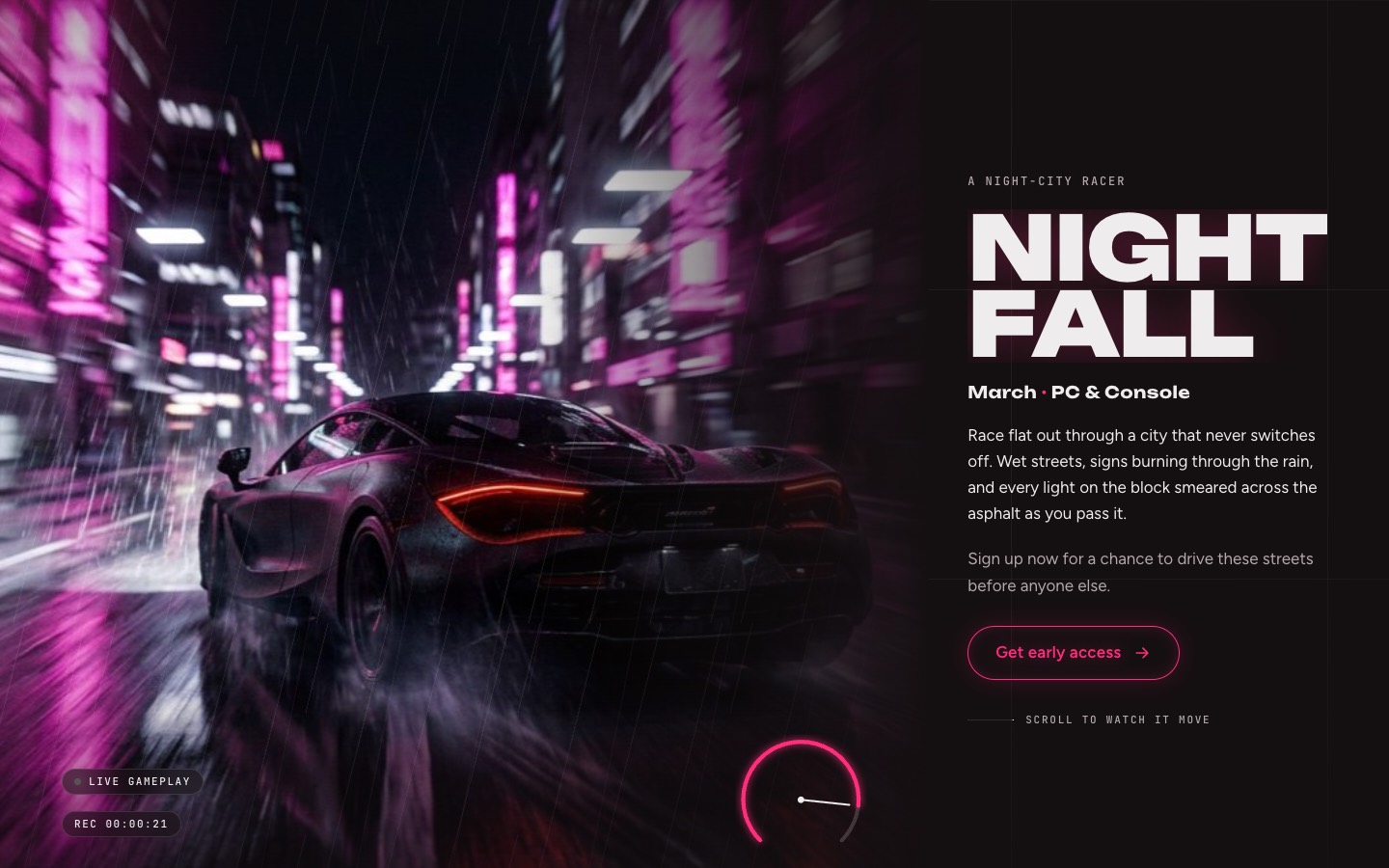 The Nightfall page Albert designed: a black sports car tearing down a rain-soaked neon street beside the headline NIGHTFALL
