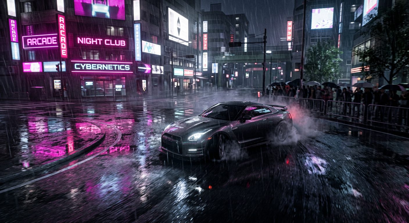 A car slides round a corner in a rain-soaked downtown square under neon billboards