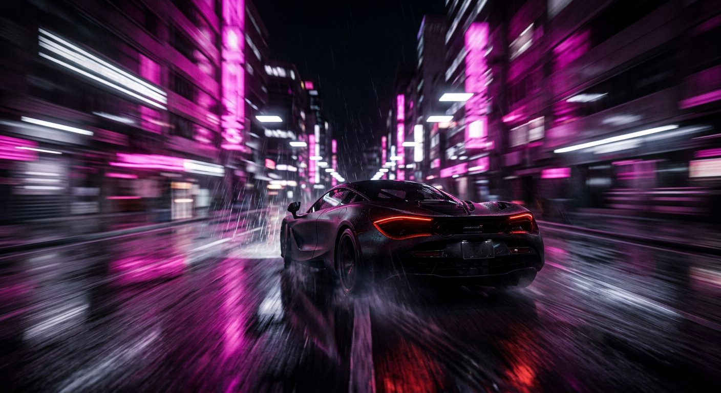 Gameplay: a black sports car tears down a rain-soaked avenue, neon signs smeared into streaks around it